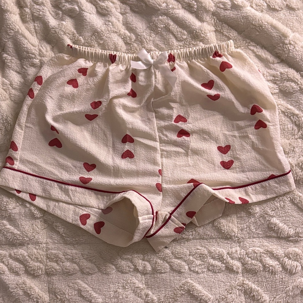 White Heart Print Pajama Shorts with Red Trim